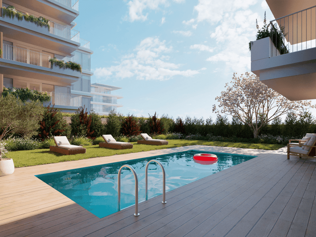Porto apartment with pool, outdoor lounge, and garden views.