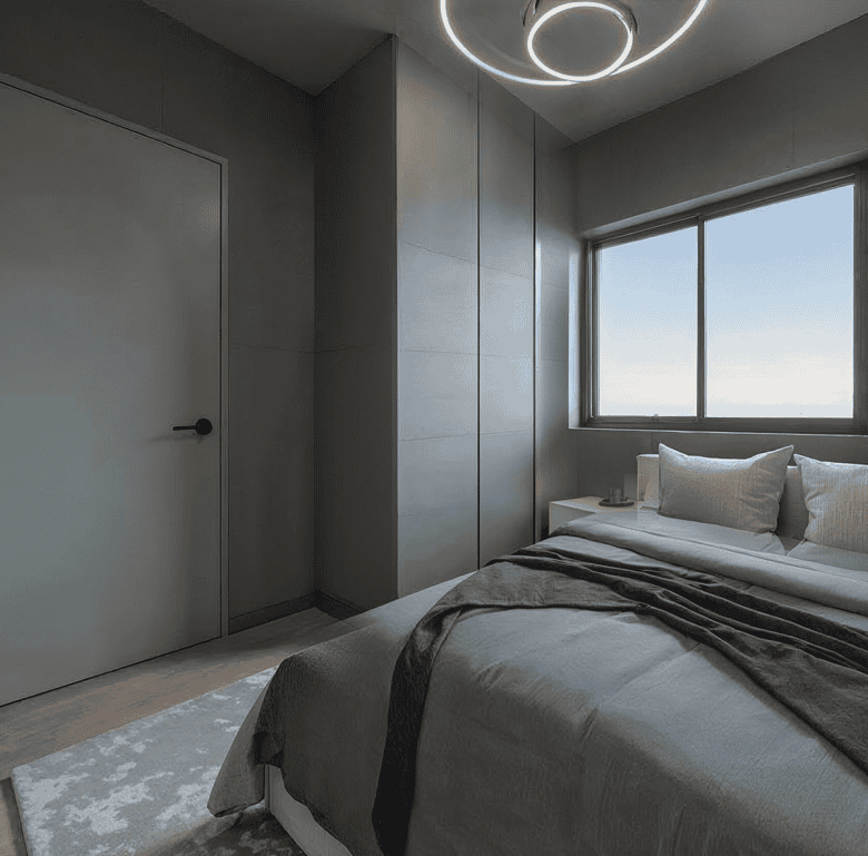 Modern bedroom with large window in Portside Residences, Athens, Greece.