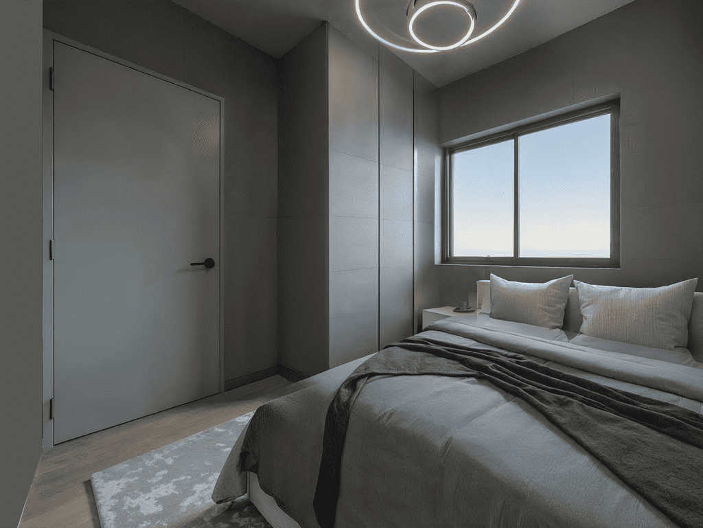 Modern bedroom with large window in Portside Residences, Athens, Greece.