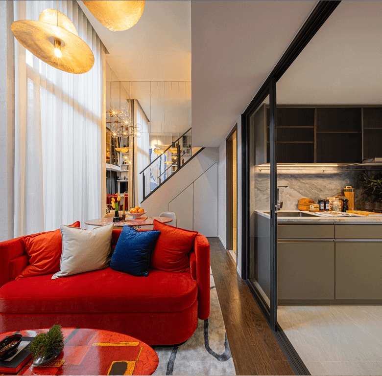 Stylish Bangkok apartment with contemporary decor and open kitchen design.