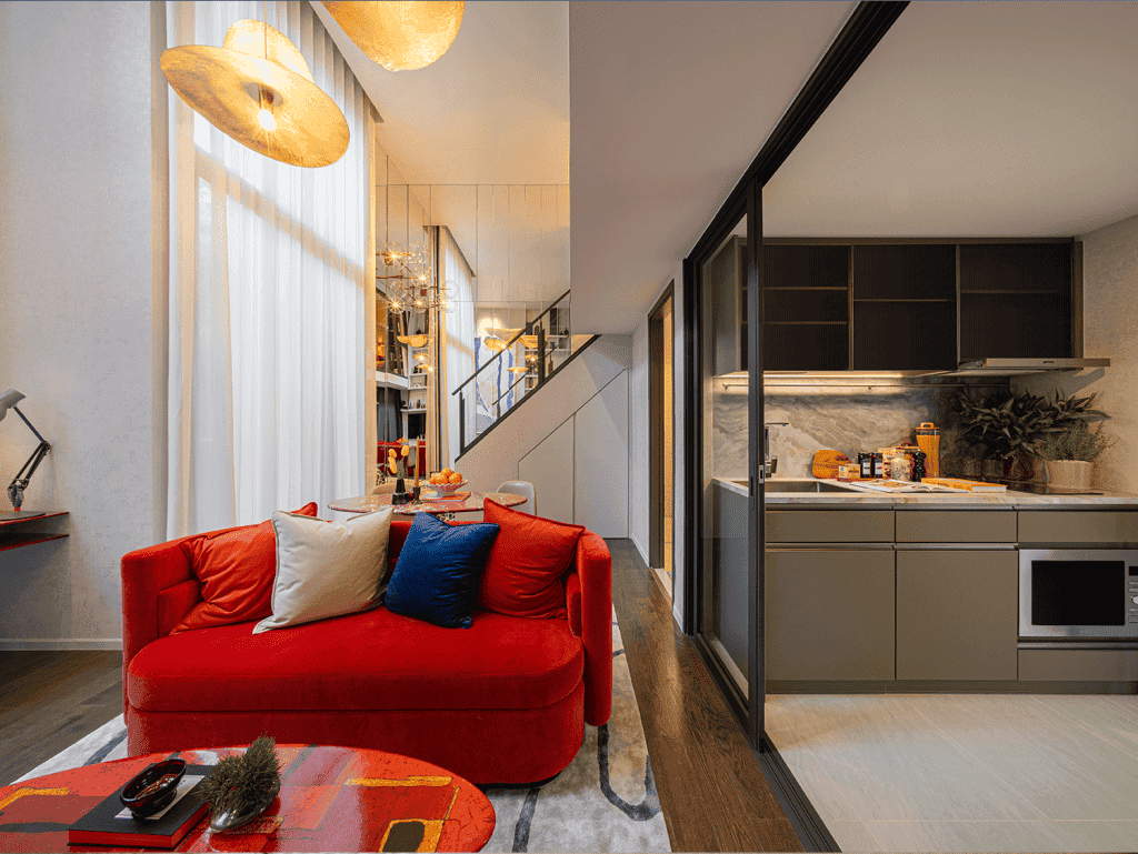 Stylish Bangkok apartment with contemporary decor and open kitchen design.