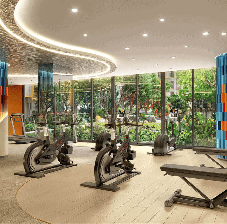 State-of-the-art fitness center with cardio machines and scenic views in Central Phuket.