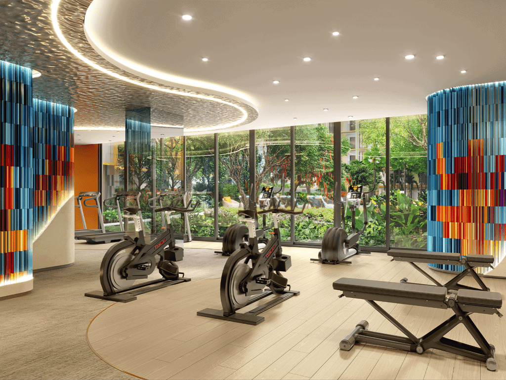 State-of-the-art fitness center with cardio machines and scenic views in Central Phuket.