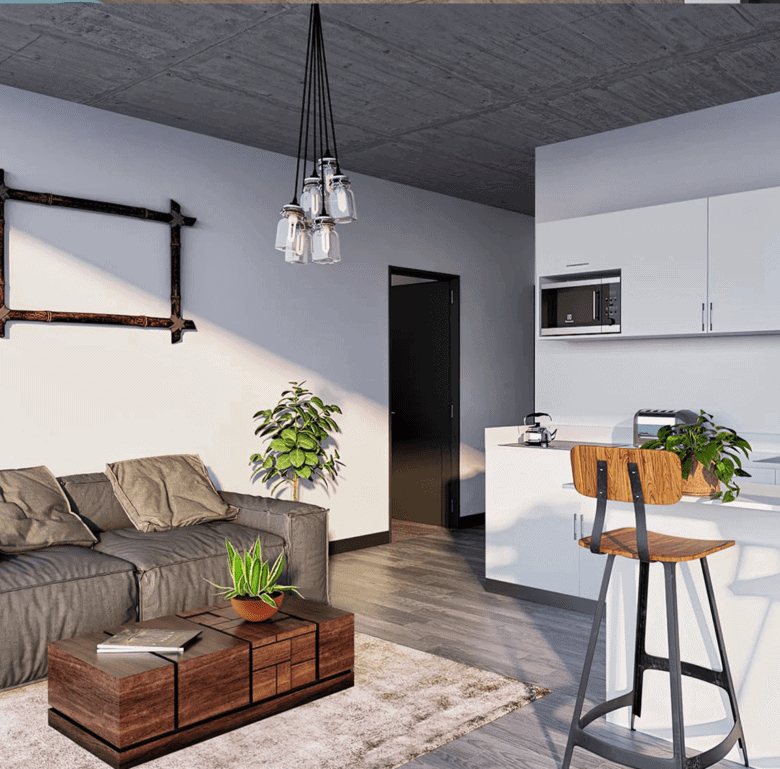 Modern Costa Rican living room with open kitchen in Barrio Escalante.