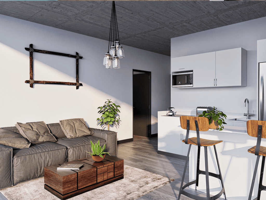 Modern Costa Rican living room with open kitchen in Barrio Escalante.
