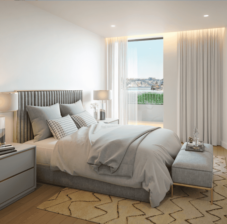 Elegant bedroom with a view of Porto, Portugal, featuring contemporary decor and natural light.