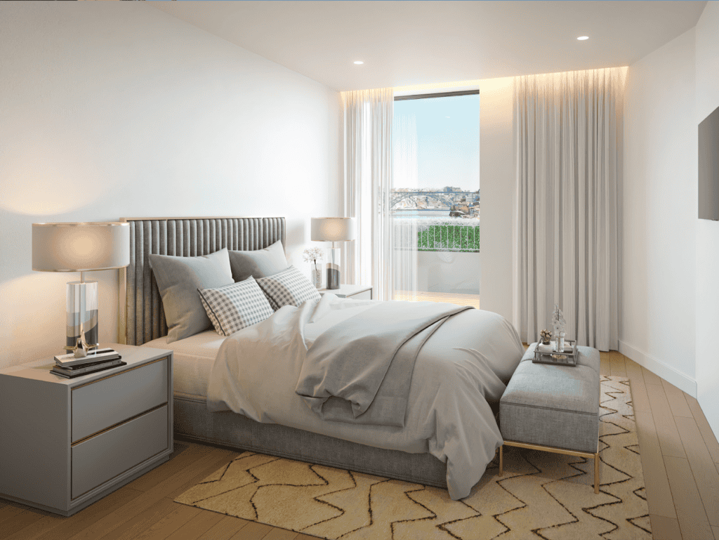 Elegant bedroom with a view of Porto, Portugal, featuring contemporary decor and natural light.