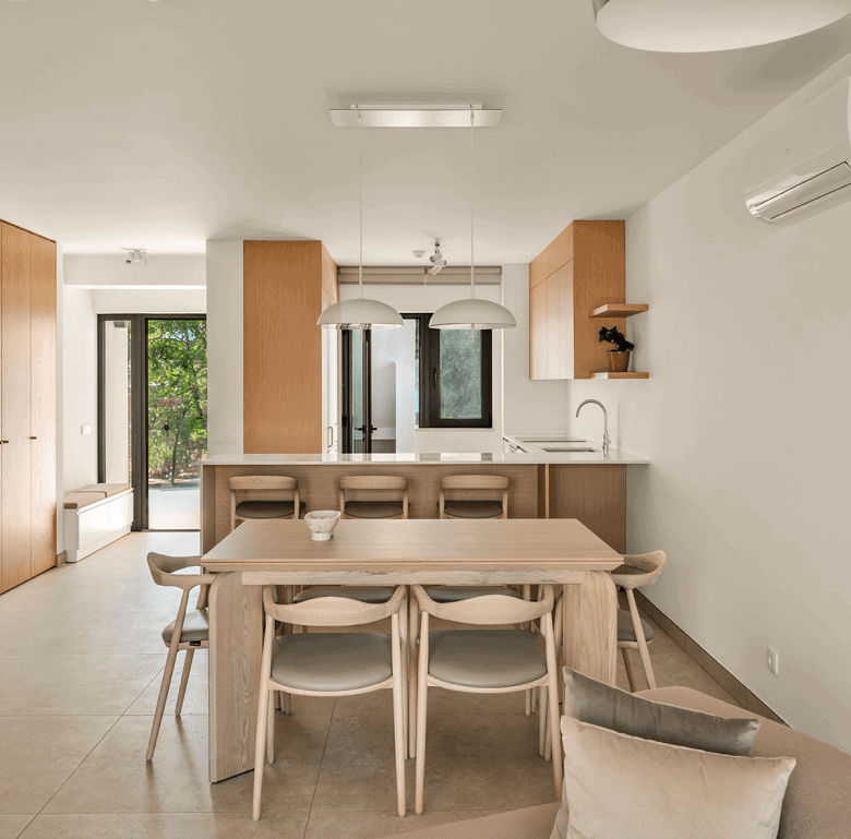 Bright, contemporary interior with wooden accents and ample natural light.