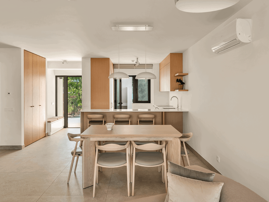 Bright, contemporary interior with wooden accents and ample natural light.