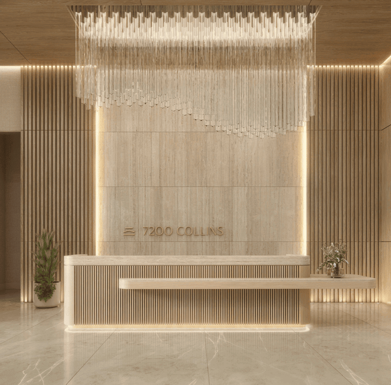 Elegant reception area at 7200 Collins, Miami, USA, featuring modern decor and ambient lighting.