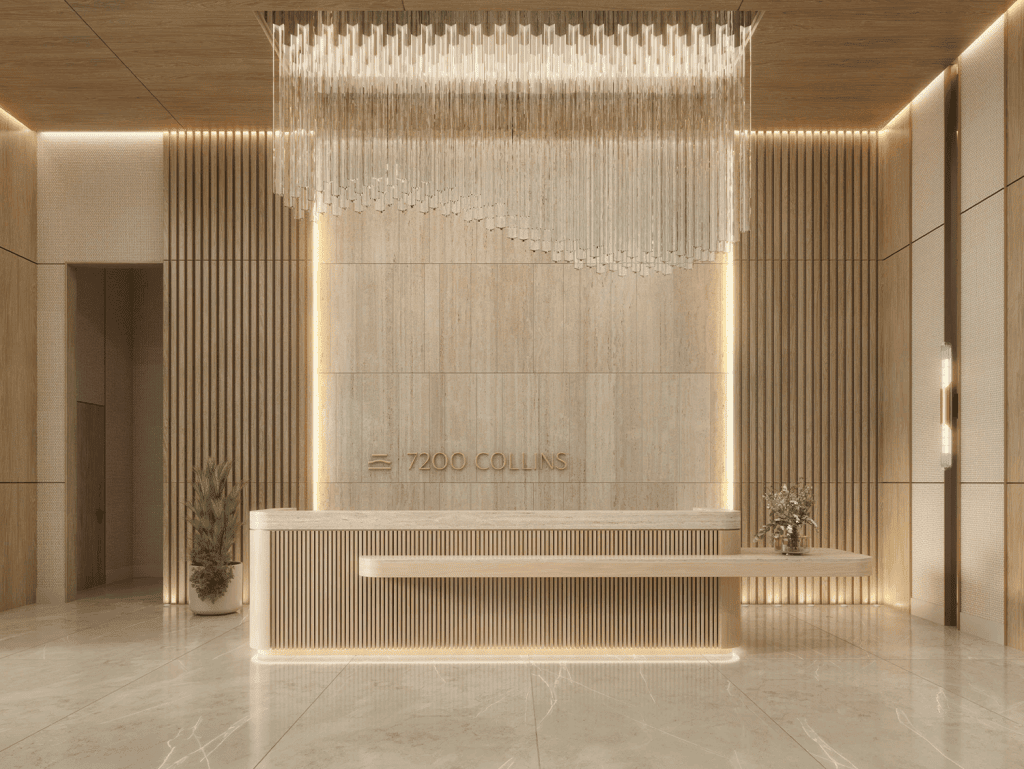 Elegant reception area at 7200 Collins, Miami, USA, featuring modern decor and ambient lighting.