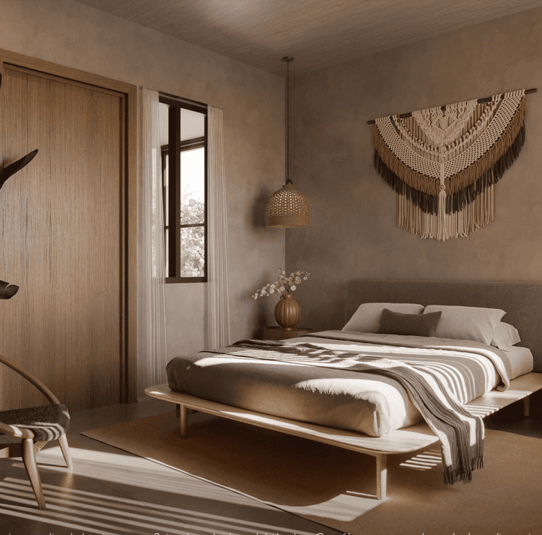 Comfortable bedroom with modern decor in Santa Teresa, Nicoya Peninsula, Costa Rica.