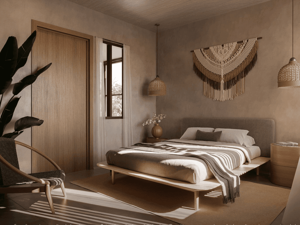 Comfortable bedroom with modern decor in Santa Teresa, Nicoya Peninsula, Costa Rica.