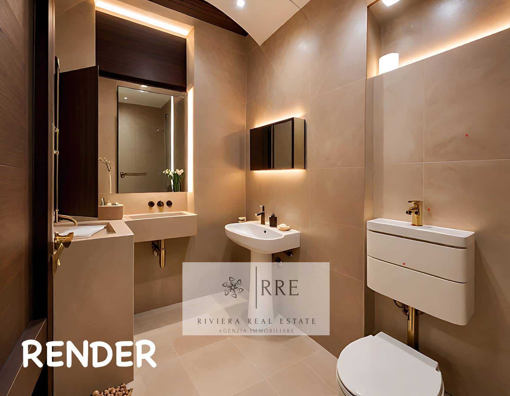 Contemporary bathroom with beige tiles, sink, mirror, and toilet.
