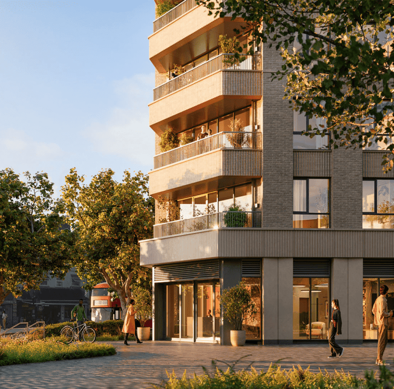 Modern Woolwich Tower in London, UK with residential balconies and surrounding greenery.