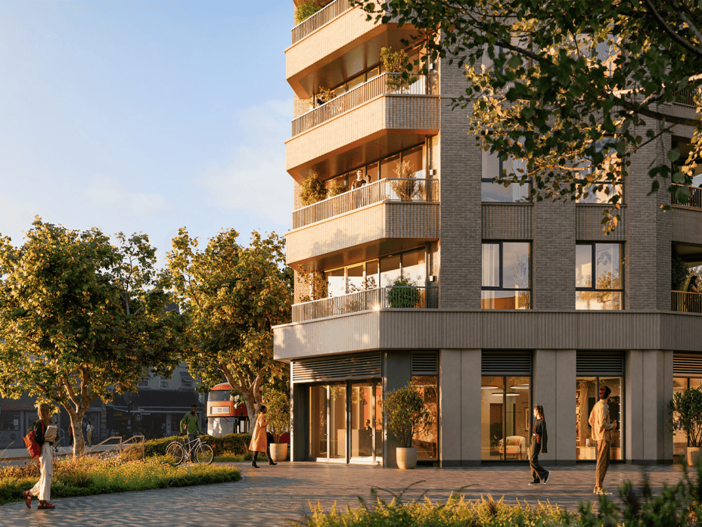 Modern Woolwich Tower in London, UK with residential balconies and surrounding greenery.