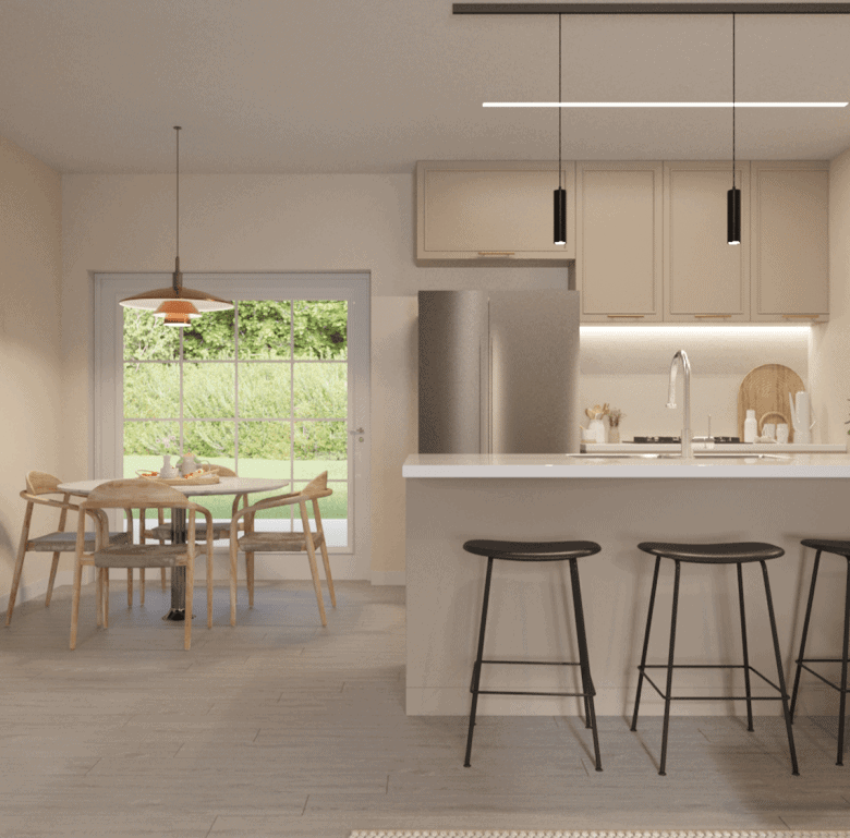 Contemporary kitchen with island, bar stools, and dining table in a bright, open space.