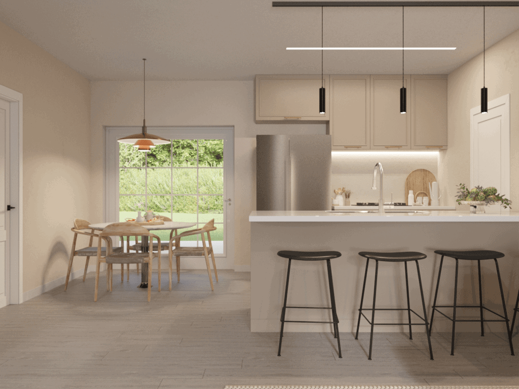Contemporary kitchen with island, bar stools, and dining table in a bright, open space.