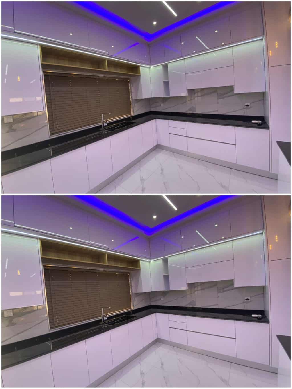Modern white kitchen with sleek cabinetry and blue LED accent lighting.