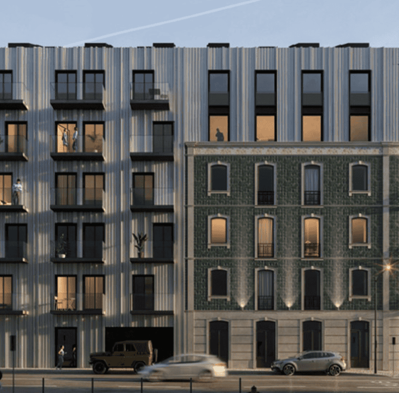 Modern Lisbon apartment building with mixed architectural styles.