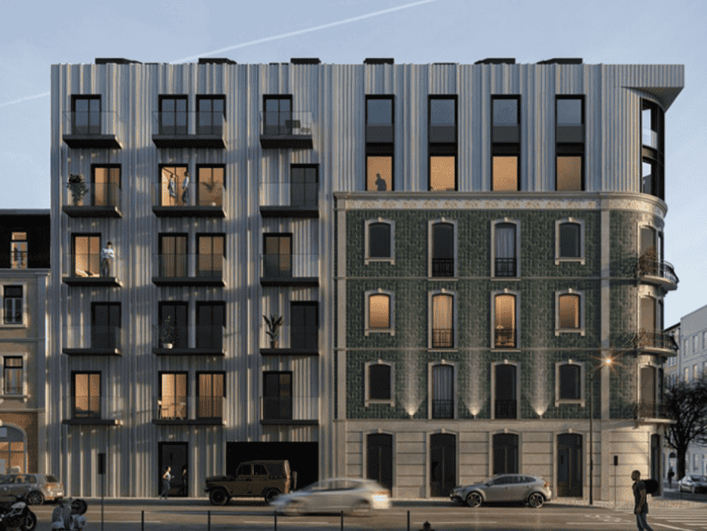 Modern Lisbon apartment building with mixed architectural styles.