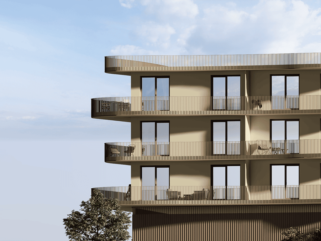 Heritage - Coimbra, Portugal: Modern apartment building with spacious balconies and large windows in.