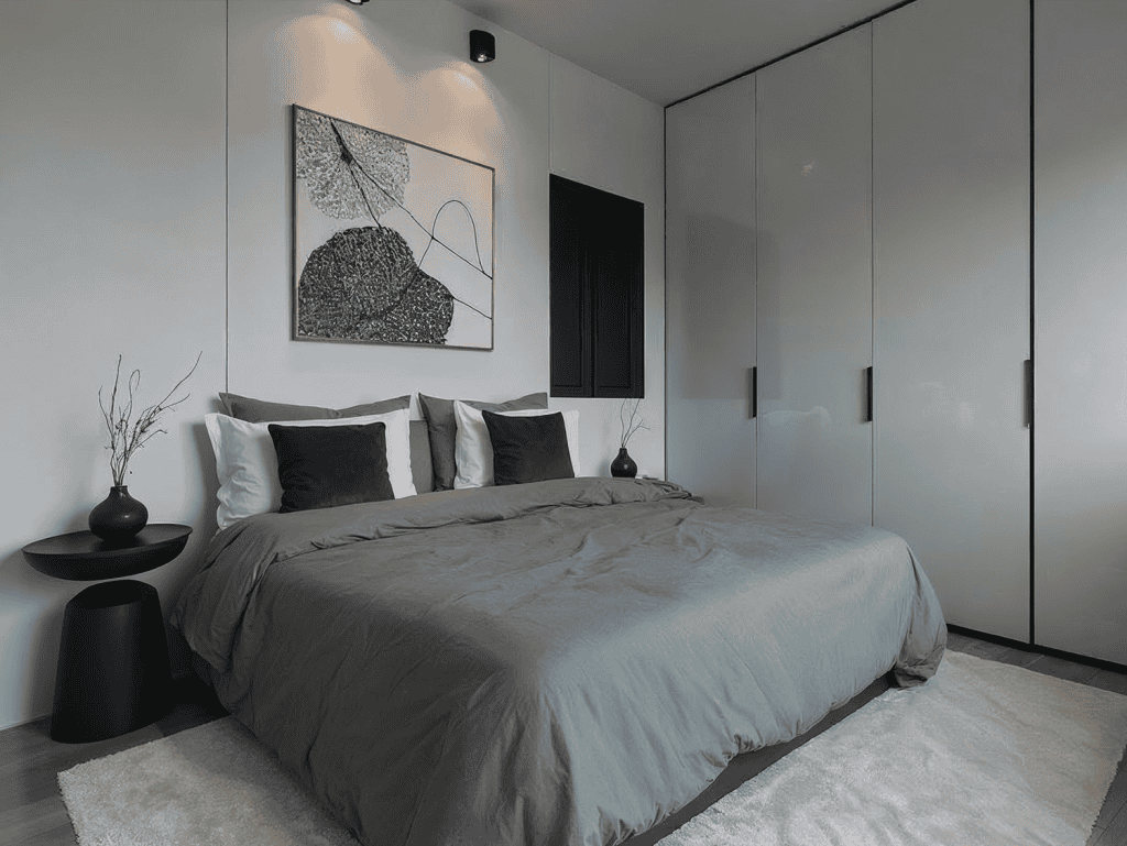 Elegant bedroom in Portside Residences, Athens, Greece, featuring contemporary furnishings.