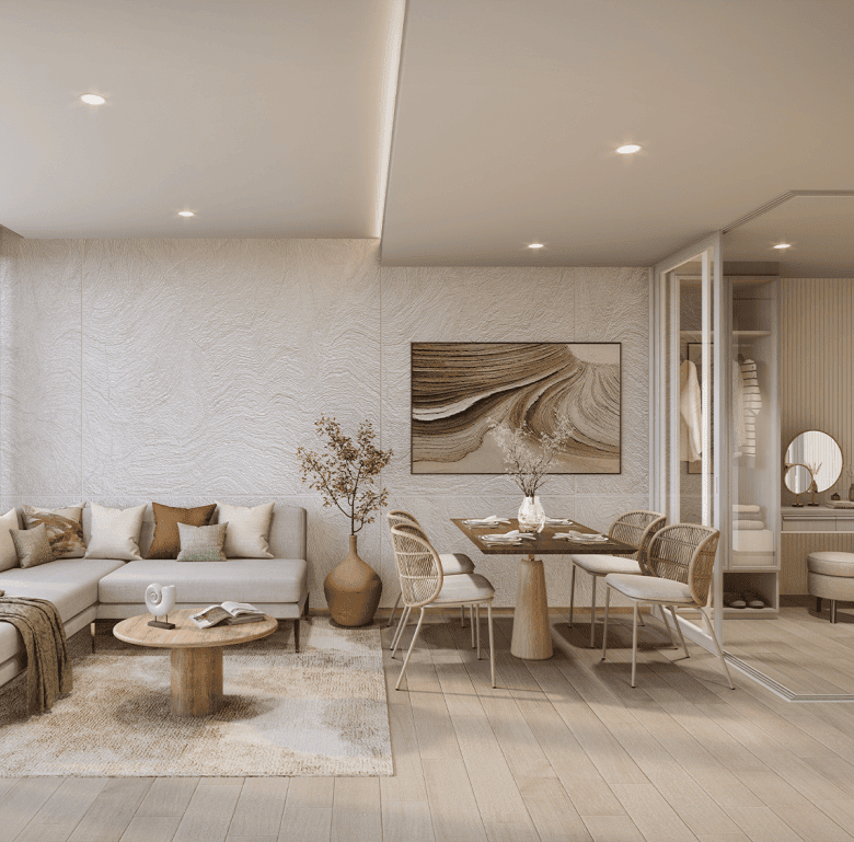 Spacious Hua Hin condo living room with stylish furniture and natural light.