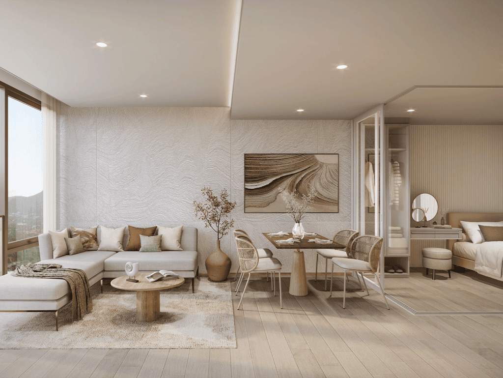 Spacious Hua Hin condo living room with stylish furniture and natural light.