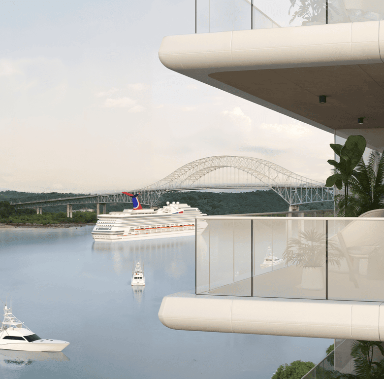 Balcony view of Nautilus in Panama City with boats and bridge in the background.