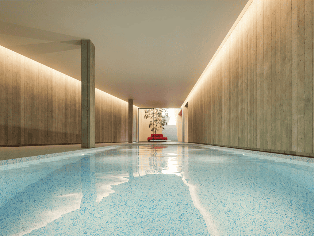 Indoor swimming pool with sleek, contemporary style in Porto, Portugal.