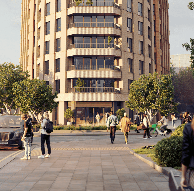 Modern Woolwich Tower in London with pedestrians and greenery.