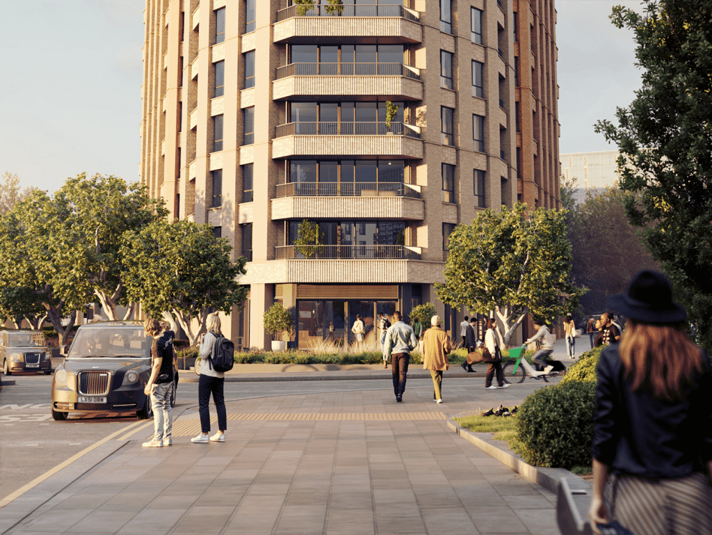 Modern Woolwich Tower in London with pedestrians and greenery.