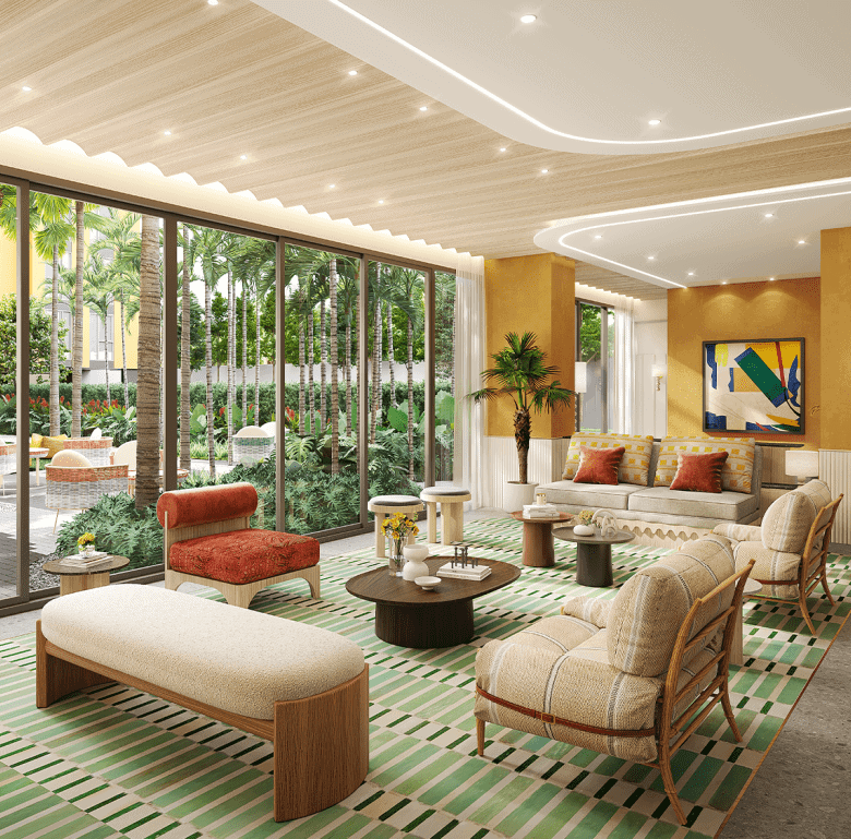 Spacious Phuket property interior featuring large glass windows overlooking lush gardens. Elegant fu.