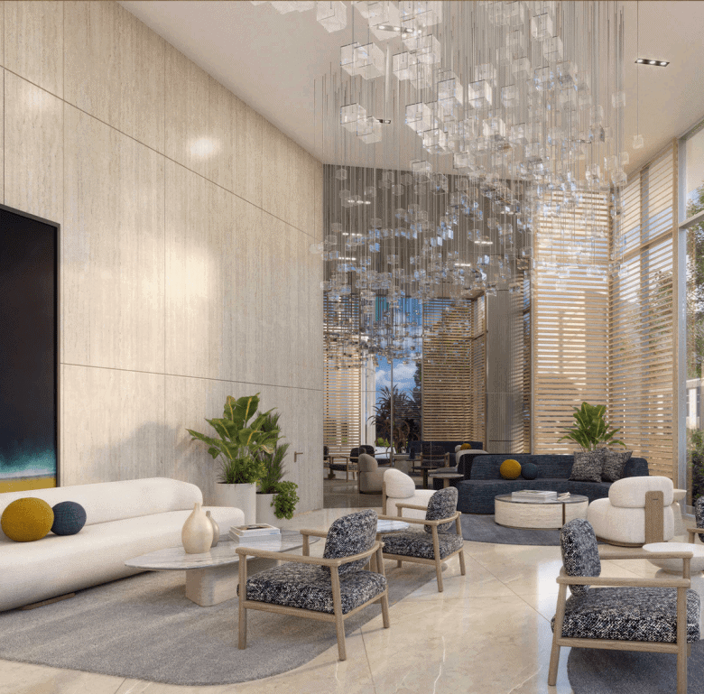 Elegant hotel-style lobby with contemporary furniture and large windows.