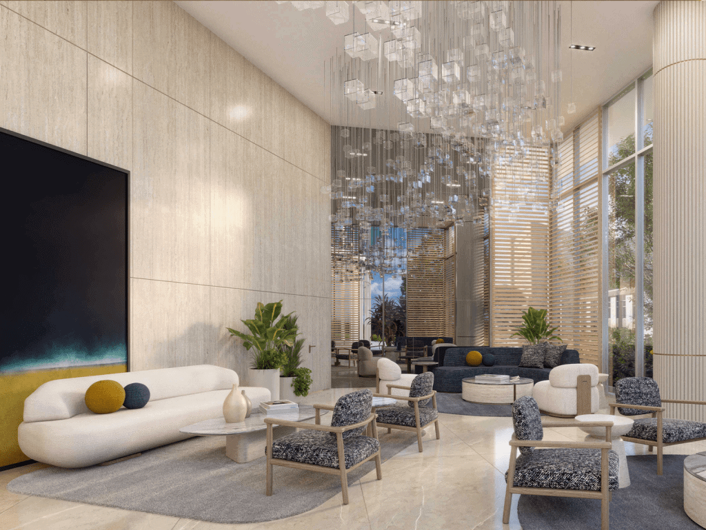 Elegant hotel-style lobby with contemporary furniture and large windows.