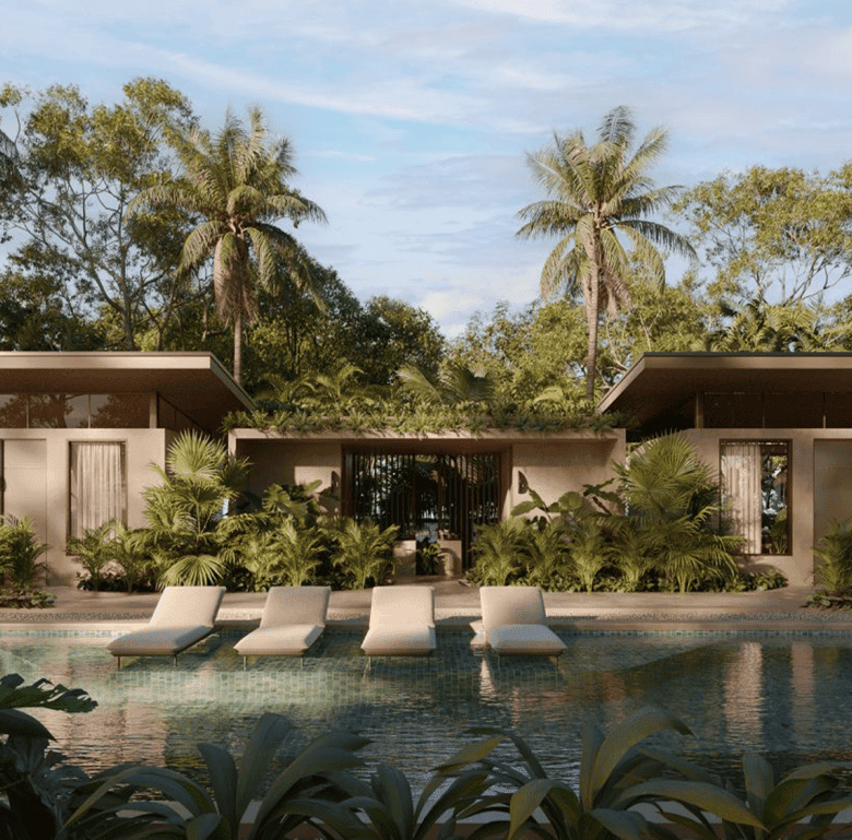 Modern villa with pool, tropical garden, and palm trees in Santa Teresa, Nicoya Peninsula, Costa Ric.