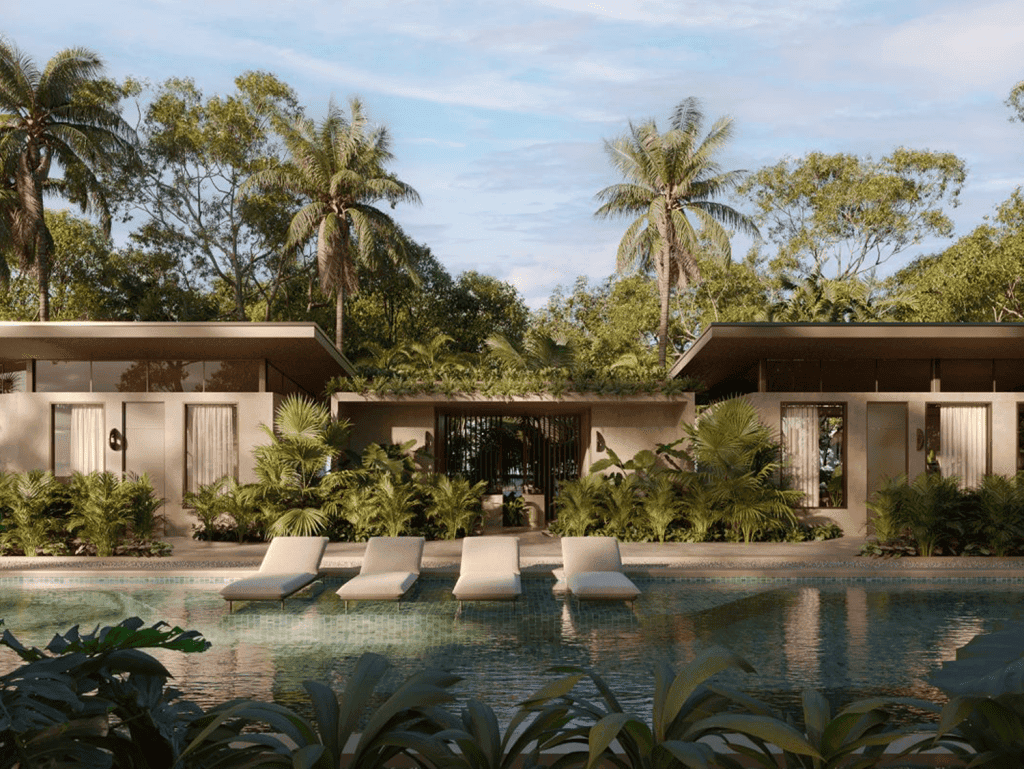 Modern villa with pool, tropical garden, and palm trees in Santa Teresa, Nicoya Peninsula, Costa Ric.
