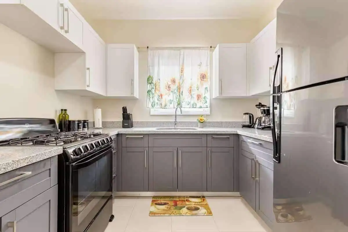 Modern kitchen with white and gray cabinets in a bright home. Bright kitchen with white and gray cabinetry, stainless steel appliances, and a floral window curtai.