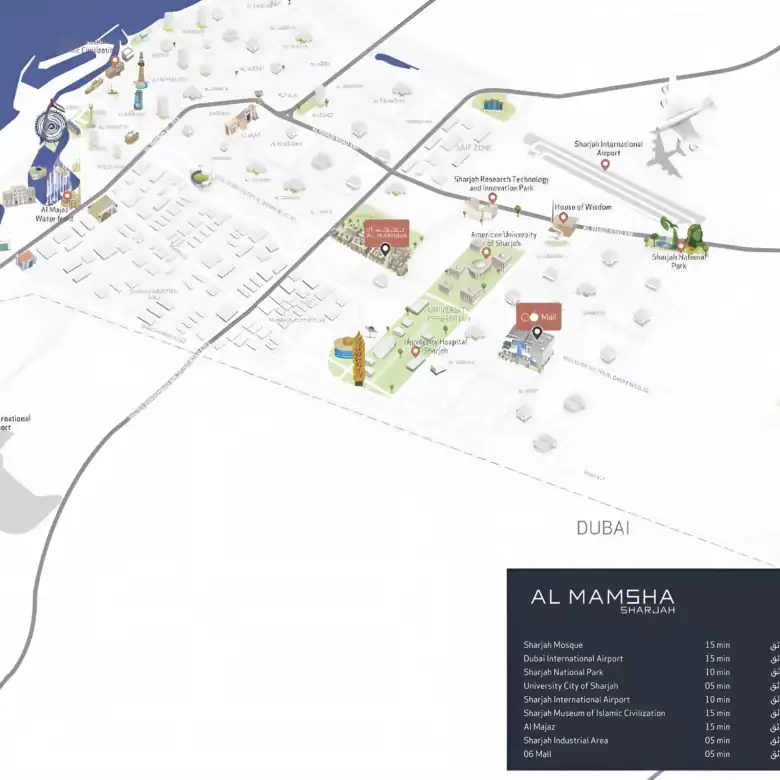 Modern Nama 3 Sharjah apartment location map with nearby amenities and transport links.