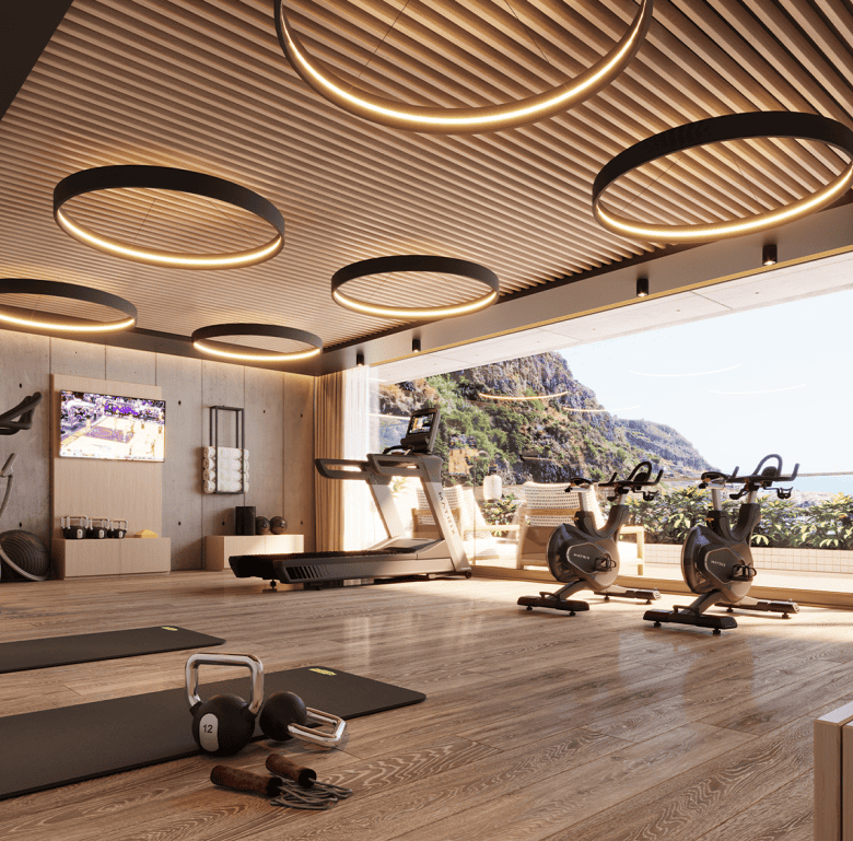 A modern gym in Ribeira Brava, Madeira, Portugal, featuring scenic mountain views and contemporary w.