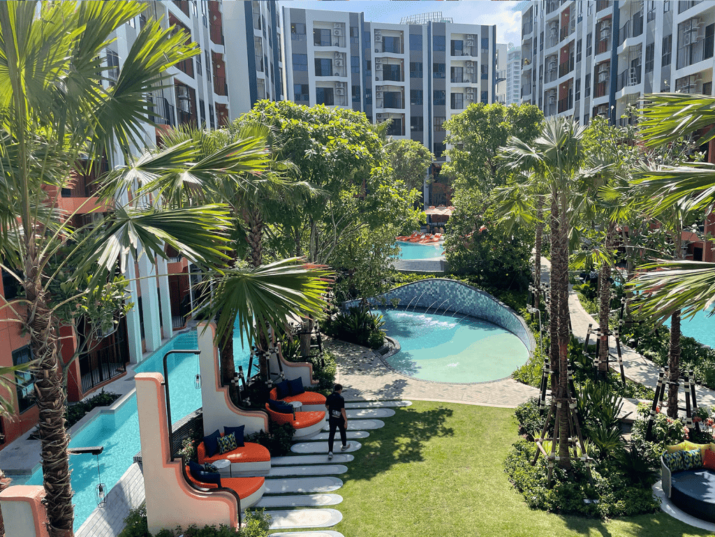Beautiful view of tropical gardens and swimming pools in Hua Hin, Thailand.