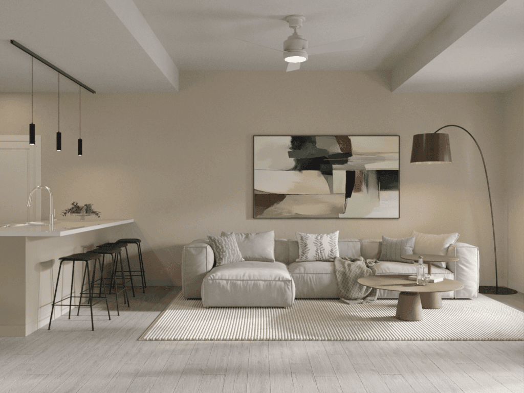 Bright living room in Little Palm, Florida with modern decor and cozy seating.