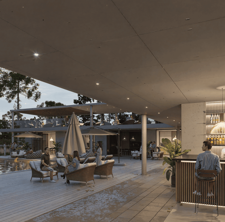 Stylish outdoor bar and seating area with poolside views in Punta Del Este, Uruguay.