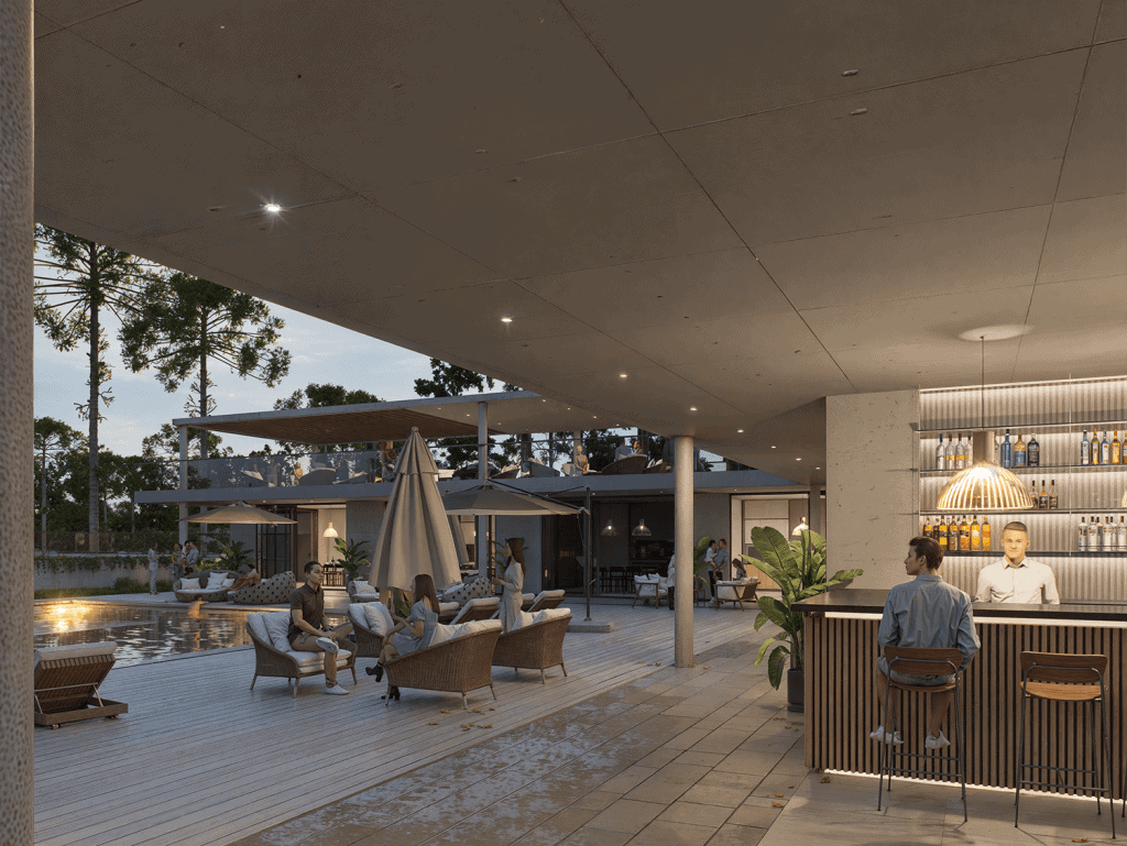 Stylish outdoor bar and seating area with poolside views in Punta Del Este, Uruguay.