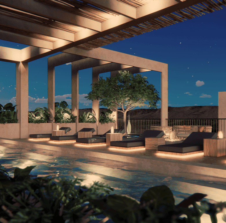 Luxurious outdoor pool with stylish seating and shaded pergola in Alma, Bucerias, Mexico. Perfect fo.
