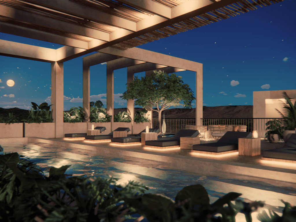 Luxurious outdoor pool with stylish seating and shaded pergola in Alma, Bucerias, Mexico. Perfect fo.