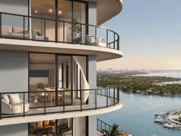 Luxury Miami waterfront condo with panoramic views of the city and water.
