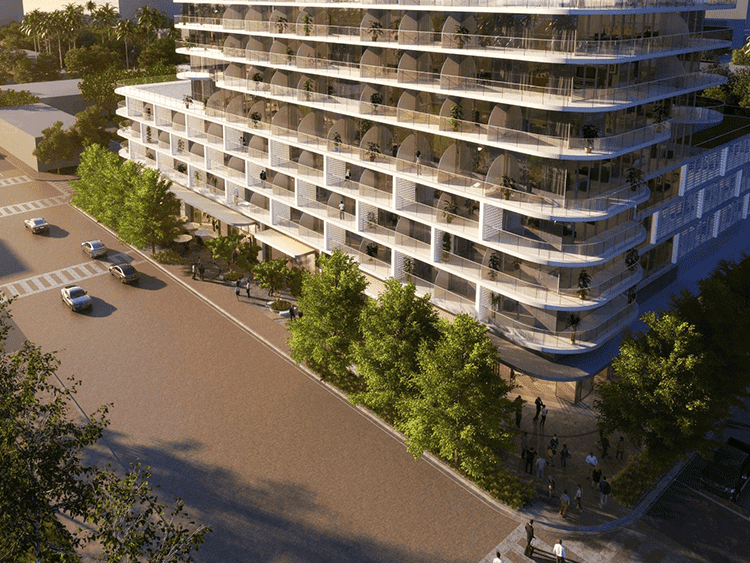 Contemporary Miami Beach condo with spacious balconies and ocean views.