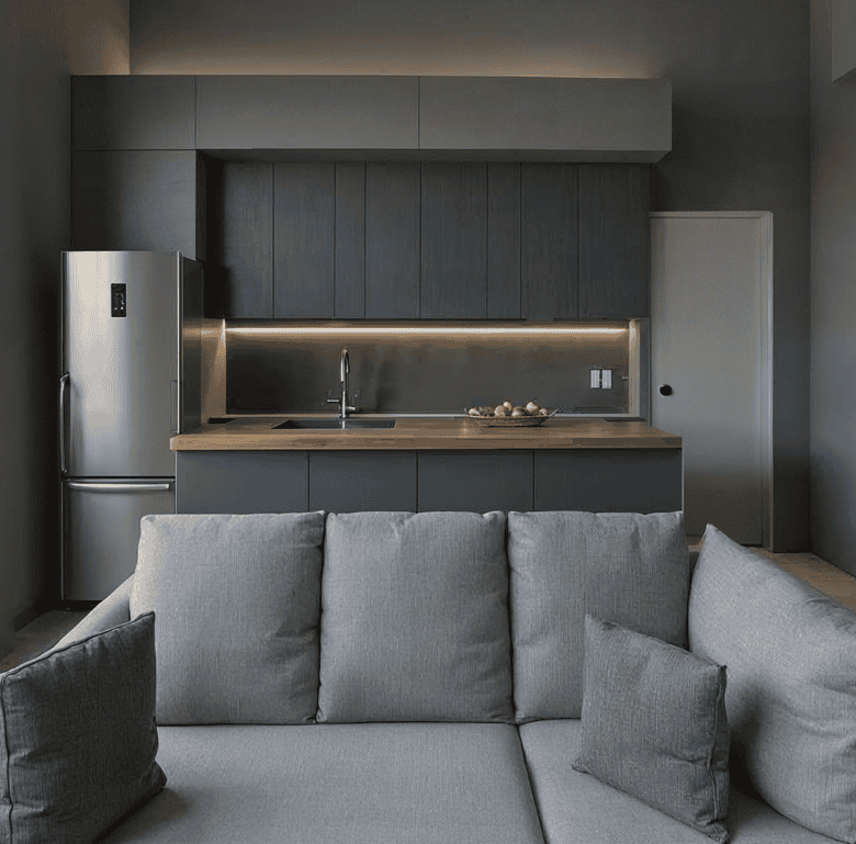 Modern Athens apartment kitchen and living area.